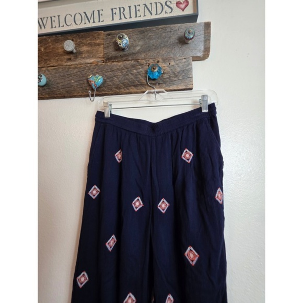 Sundance Navy Blue Embroidered Small Wide Leg Boho Pants Elastic Waist Gauzey - Picture 5 of 16